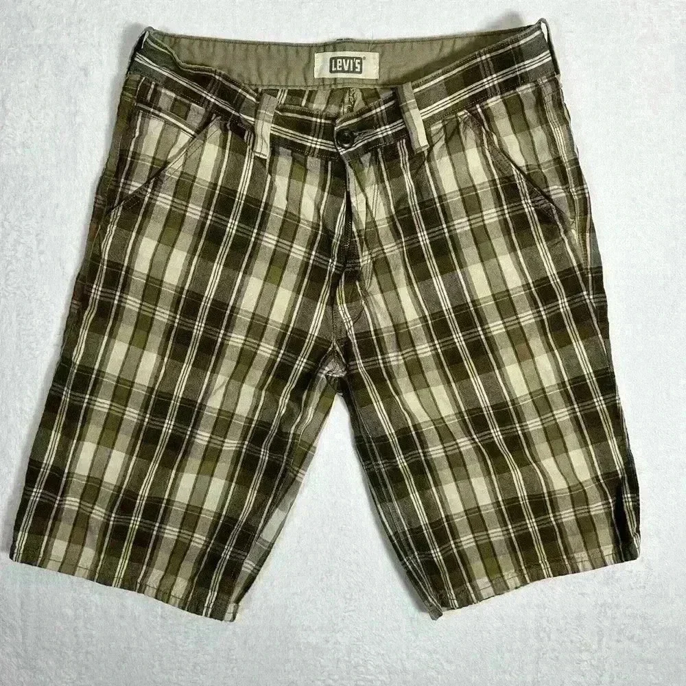 Vintage Y2K Levi's Shoreline Plaid Bermuda Shorts Brown Flat Front Mens Size 33‎